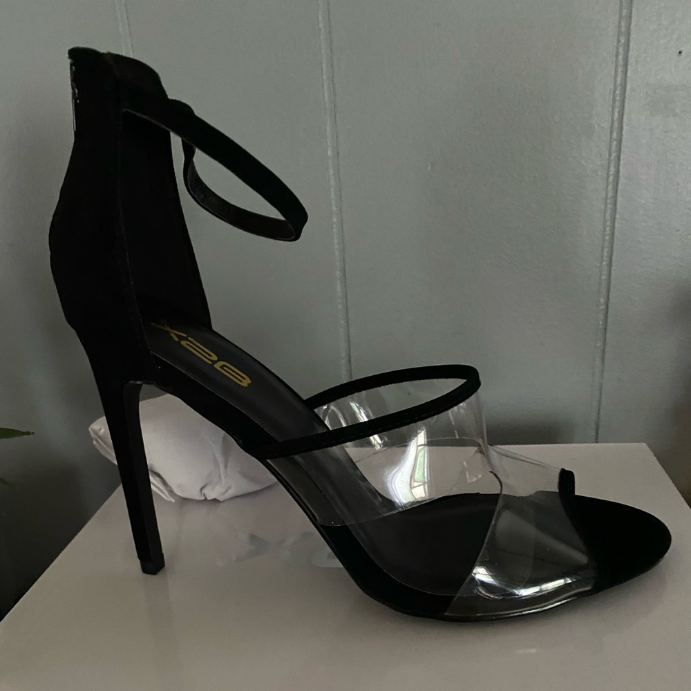 STRAPPY LUCITE CLEAR BLACK STILETTO SANDALS 9&10